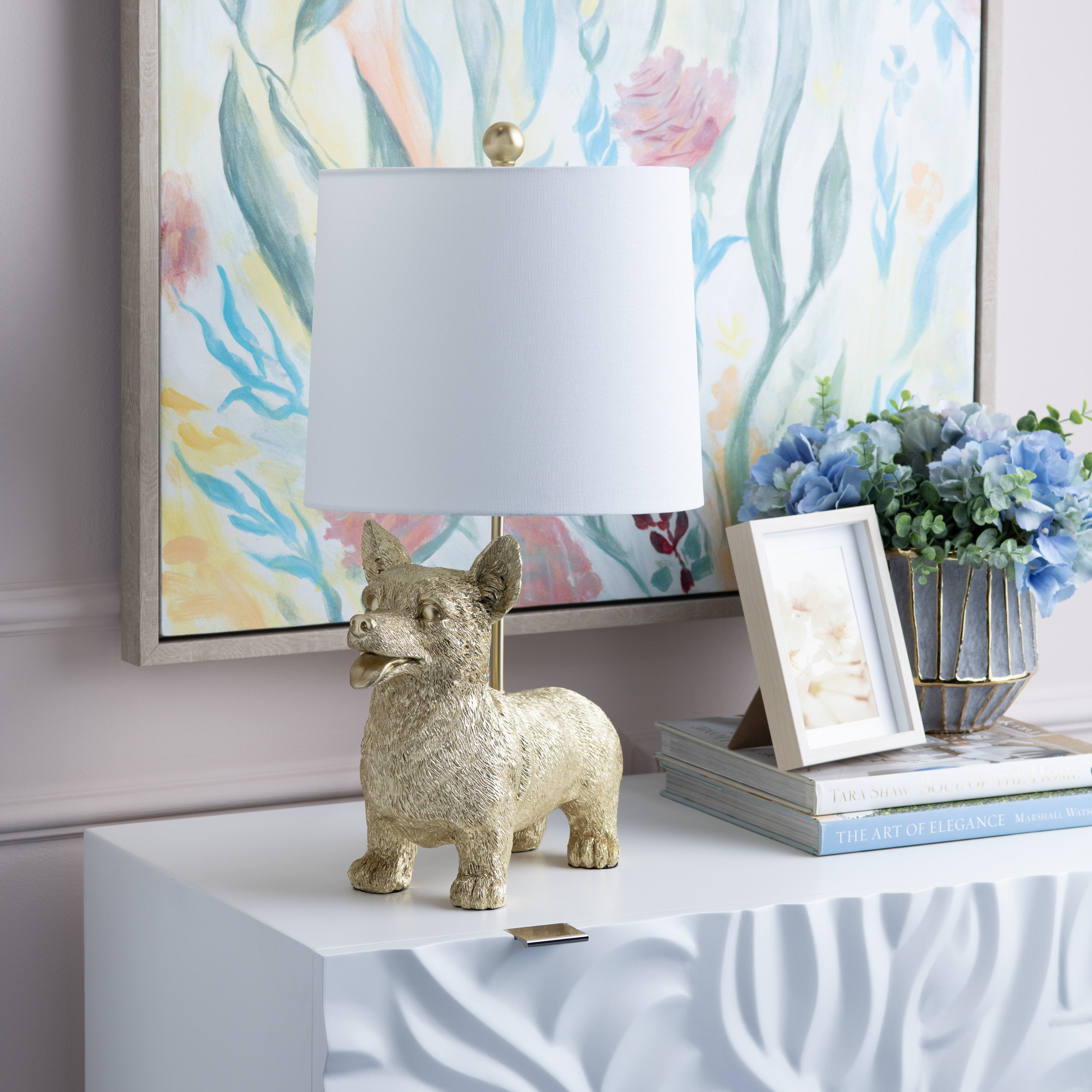 Dakota Fields Gold Resin Corgi Dog Table Lamp With Linen Shade